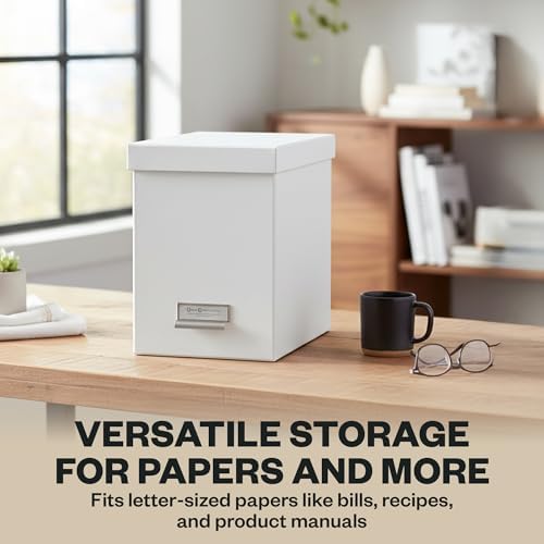 Bigso John Fiberboard Label Frame Desktop File Storage Box - Document Organizer for Important Paperwork - Durable Hanging File Box with a Lid & Metal Label Window - 7.36 x 13.38 x 10.51 in - White - Image 4