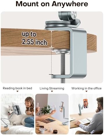 OMOTON GH03 Tablet Holder with 2 ABS Clamps, Aluminum Long Arm Mount, Grey - Image 2