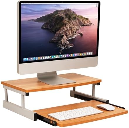 Mind Reader Monitor Stand, Sliding Keyboard Drawer, Laptop, Riser, Office, Wood/Metal, 20"L x 14.75"W x 5.9"H, Brown, Silver by MindReader