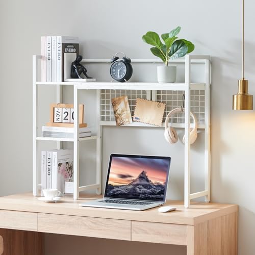 4-Tier Desk Hutch Shelf with Grid Panel, 36” Desktop Bookshelf for Monitor, Office & Home (White, 36") - Image 2