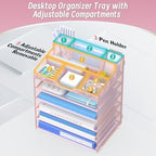 6 Tier Mesh Paper Desk Organizer with Pen Holders, Pink - Image 5