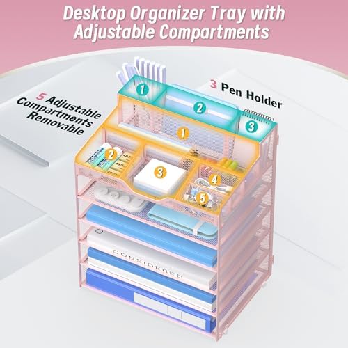 6 Tier Mesh Paper Desk Organizer with Pen Holders, Pink - Image 5