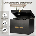 Large Bamboo Greeting Card Organizer Box with 6 Removable Dividers, Real Leather Handle, 100% Handmade Solid Bamboo, Storage Box for Christmas, Valentine, & Birthday Cards, Postcards, Stationery& More - Image 3
