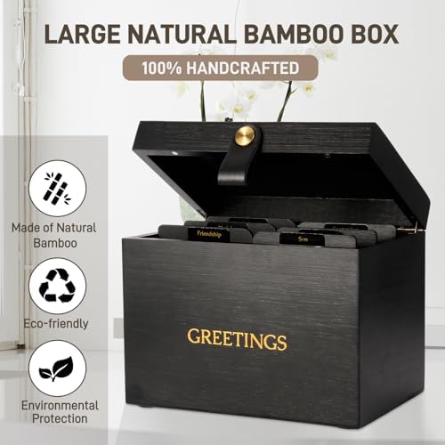 Large Bamboo Greeting Card Organizer Box with 6 Removable Dividers, Real Leather Handle, 100% Handmade Solid Bamboo, Storage Box for Christmas, Valentine, & Birthday Cards, Postcards, Stationery& More - Image 3