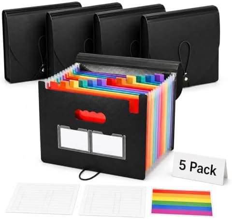 5 Pack Accordion File Organizer, 13-Pocket Expanding File Folders, Letter/A4 Document Holder with Flip Cover, Lanyard Closure, Labels for Bills, Receipts, Taxes, Office, School, Black by LAIREG