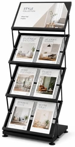 Foldable Magazine Display Racks, 4 Pockets Brochure Display Rack with Wheels, Brochure Catalog Display Stand for Living Room, Hotel, Trade Show, Exhibition, Office by Focusonhomelifeandhealth