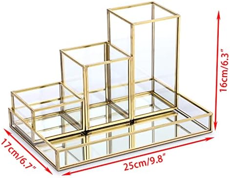 Hipiwe Set of 4 Gold Glass Makeup Brush Holder Organizer with Vanity Tray - Image 5
