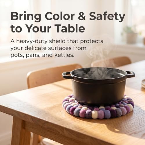 Wool Felt Ball Trivet Pot Mat, 7.8 Inch, Purple Mix, 2 Pack - Image 2