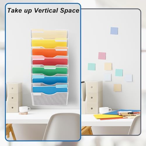 EASEPRES 8 Pocket Mesh Hanging Wall File Organizer, Wall Mounted Mail Paper Document Folder Holder, Clipboard Storage Organization Magazine Rack with Nametag Label for Office Home School, White - Image 4
