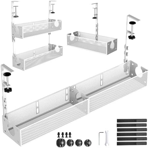 Multi-Model Under Desk Cable Management 2 Pack Metal Under Desk Wire Management Tray Clamp Mount Under Table Cord Management No Damage The Desk White by SEYHAKI