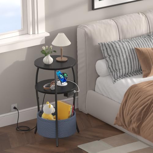sthemc 3-Tier Small Round End Table Livingroom with Charging Station,Basket - Image 7