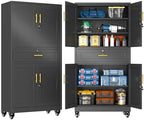 GAIOUS 74” Tall Metal Garage Storage Cabinet with Wheels and Drawer, Steel File Cabinet for Home Office, Tool Cabinet with 4 Locking Doors and 3 Adjustable Shelves, Rolling Cabinet for Garage-Black by GAIOUS