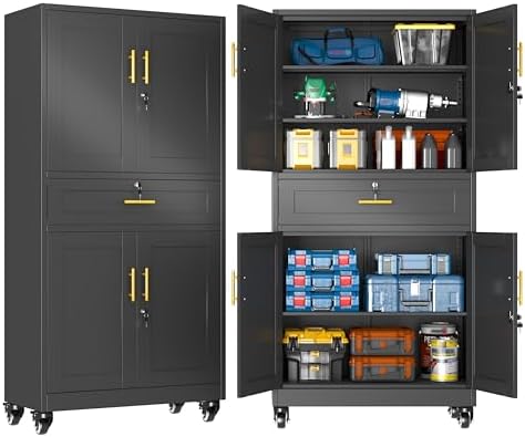 GAIOUS 74” Tall Metal Garage Storage Cabinet with Wheels and Drawer, Steel File Cabinet for Home Office, Tool Cabinet with 4 Locking Doors and 3 Adjustable Shelves, Rolling Cabinet for Garage-Black by GAIOUS