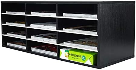 PAG-Mass Mail Sorter Organizer, Wood Countertop Literature Organizer, Student Mailbox for Classroom, Desktop Bill Paper Organizer for Office Home School, 12 Compartments, Black&White by PAG
