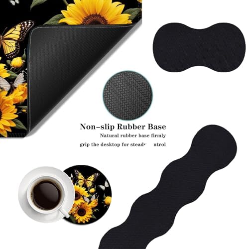 Mouse Pad,Large Desk Mat Set, 4in1 XL Mousepad + Keyboard Wrist Rest+Mouse Wrist Rest+Coaster with Ergonomic Desk Pad for Home Office Table Computer Cover -Sunflower Butterfly - Image 2