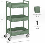 Nunsino 3 Tier Rolling Cart,Utility Cart with Locking Wheels, Hanging Cups,&Hooks, Heavy Duty Metal Storage Organizer Cart for Kitchen,Office, Bathroom,Craft Room,Green - Image 4