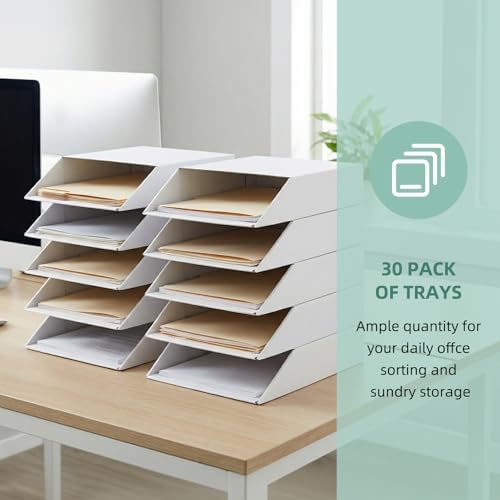 EXYGLO 30 Pack Stackable Cardboard Desk Organizer Trays, Desktop Letter Tray for Document File Mail Storage, White, 12x9x3 Inch - Image 5