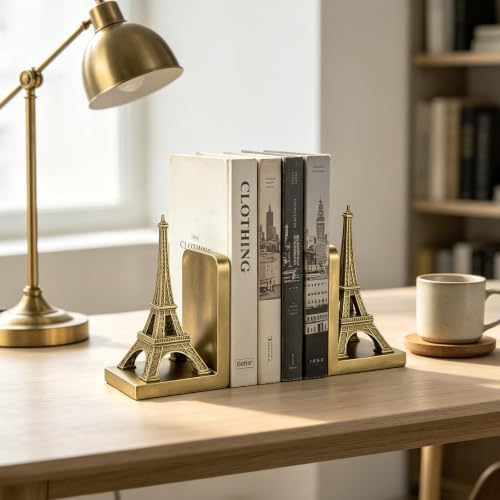 Eiffel Tower Decorative Bookends, Vintage Gold Book Ends for Shelves - Image 2