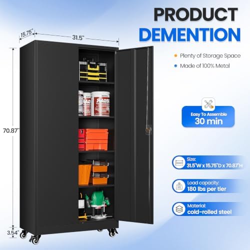 MIIIKO 75" Tall Metal Storage Cabinets with Wheels,Garage Storage Cabinet with Lock,Heavy Duty Tool Cabinets with 2 Doors and 4 Shelves for Garage,Home Office,Shop,Warehouse（Black） - Image 3