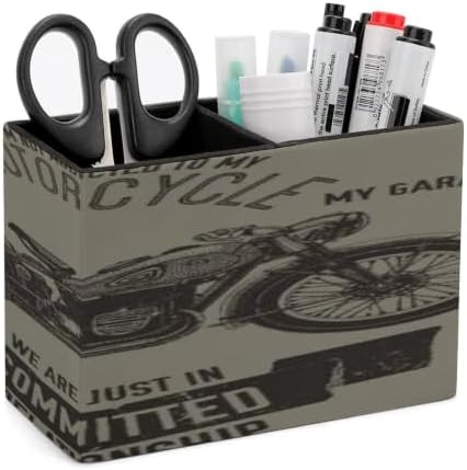 PU Leather Multi-Compartment Pen Holder Desktop Organizer Pencil Cup Storage Caddy for Office Home Supplies Hand Drawn Vector Motorcycle Quote by Unknown