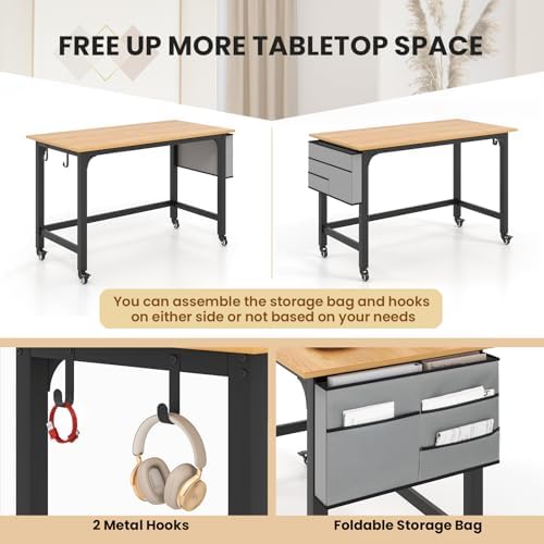 GOFLAME 4ft Conference Table Set of 4, Mobile Home Office Computer Desk, Meeting Room Table w/Detachable Storage Bag & 2 Headphone Hooks, Rolling Seminar Boardroom Table on Wheels, Black + Natural - Image 6