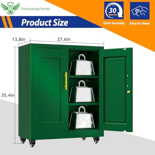 GAIOUS Metal Storage Cabinet with Lock and Wheels, Steel Office Cabinet with 2 Door and 2 Adjustable Shelves, 35” Tall Lockable File Cabinet, Garage Cabinet, Rolling Cabinet for Home Office - Green - Image 2