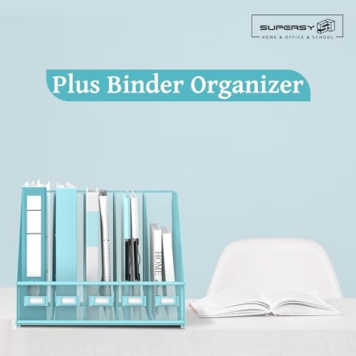 SUPEASY Desk Organizers Metal Desk Magazine File Holder with 5 Vertical Compartments Rack File Organizer for Office Desktop, Classroom, Home Workspace, Blue Plus - Image 2