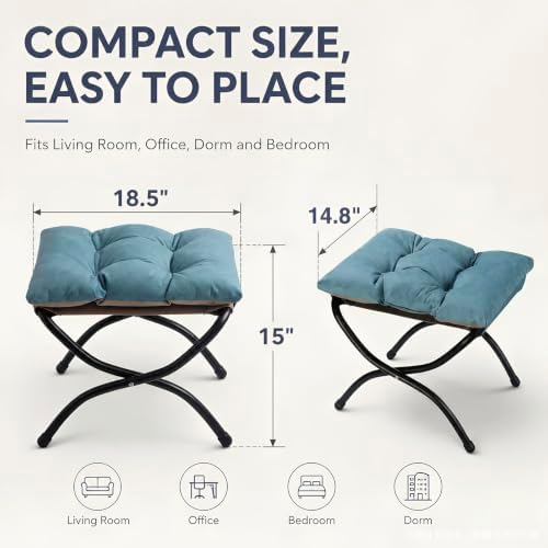 15" Upholstered Folding Foot Rest Stool with Foldable Metal Frame Blue - Image 4
