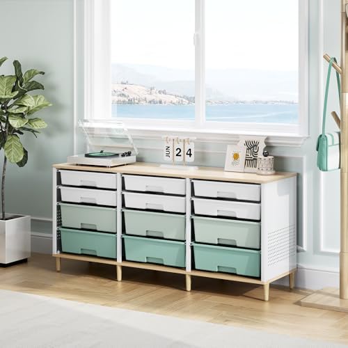 TOOLF 12 Drawers Storage Cabinet with Wooden Top and Plastic Bins,Green - Image 2