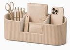 KINGFOM Aesthetic Desk Organizer for Women, Luxury Faux Leather Desk Accessories with 4 Compartments, Minimalist Vanity Organizer for Makeup Brushes, Beige Office Decor for Home, Bedroom & Workspace by KingfomLeatherHomeOfficeDecor