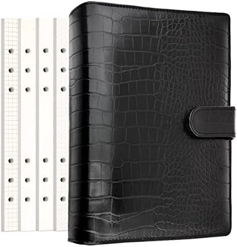 PU Leather Personal Notebook Planner with 80 Pages Loose-Leaf Papers 6 Holes Ring Binder Pen Holder Magnetic Buckle (Black Faux Crocodile Texture, A5 Mini) by Zelten
