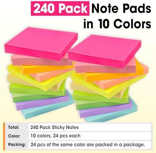240 Pads Sticky Notes 3x3, Self-Stick Pads Bulk Bright Colors, School Supplies, Office Products, 50 Sheet/Pad - Image 5
