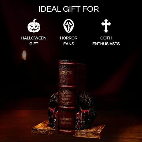 Skull Book Ends Gothic, Lifesize Human, Heavy-Duty Bookends, Skeleton Decorations, Bookends for Shelves, Heavy Books, Black Skull Design Bookend 7x5.1x6.3, Spooky Decor, Holiday - Bloody Black & Red - Image 5