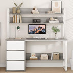 MaverickFurni 55 Inch Computer Desk with Hutch and 3 Drawers, Gray by MAVERICKFURNI