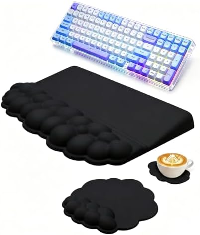 Cloud Keyboard Wrist Rest Set, 3 in 1 Ergonomic Memory Foam Keyboard Stand Pad with Mouse Wrist Support & Cup Holder, Anti-Slip Desk Cushion for Office Gaming Typing Pain Relief,Black by Unknown
