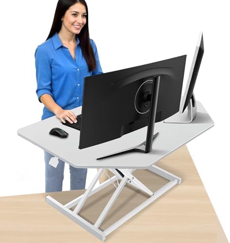 Aconcept 38 inch White Corner Height Adjustable Standing Desk Converter, One-Click Sit to Stand up Desk Riser, Pre-Assembled for Dual Monitor and Laptop Workstation by Aconcept