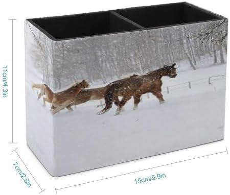 PU Leather Multi-Compartment Pen Holder Desktop Organizer Pencil Cup Storage Caddy for Office Home Supplies Winter Horse Print in Snowy Forest - Image 2