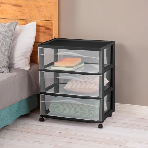 Sterilite 2 Pck Wide 3 Drawer Storage Cart Plastic Rolling Organizer, Black - Image 5