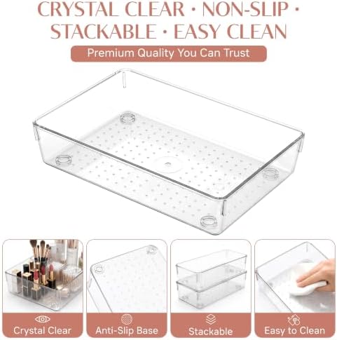 ZANORA 25 PCS Clear Plastic Drawer Organizer Set, Drawer Dividers Organizers with 4 Sizes Storage Trays, Bathroom Drawer Organizers Makeup, Vanity Drawer Organizer, Desk & Kitchen Storage Bins - Image 4