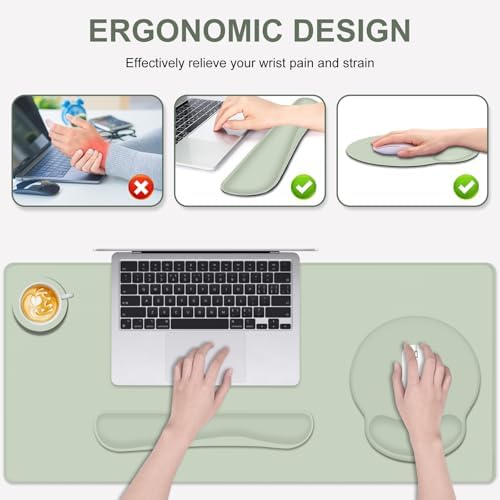 4 PCS Mouse Pad Desk Mat Protector, Keyboard Wrist Rest + Comfortable Mouse Pad with Wrist Rest +Coaster, Large Gaming Mousepad for Computer Laptop, 35.4"X 15.7" Deskpad for Office Home I Bean Green - Image 2