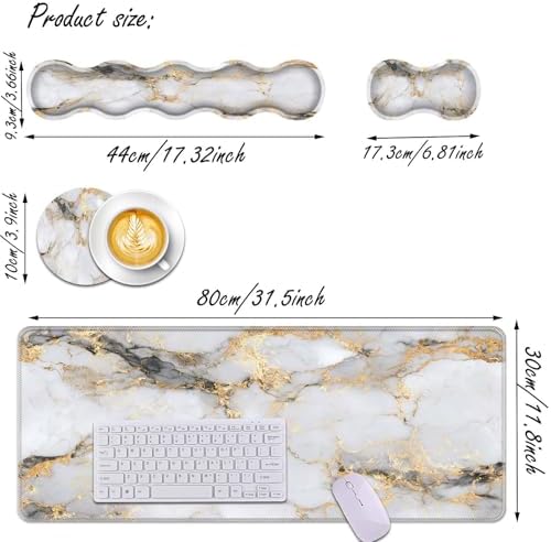 Keyboard Wrist Rest and Mouse Pad Wrist Support Set,Ergonomic Memory Foam Wrist Pad & Non Slip Base for Home Office Working Studying Easy Typing,White Gold Marble - Image 3