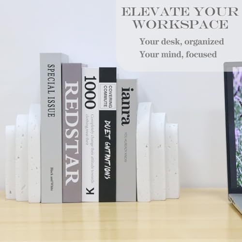 Decorative Book Ends for Shelves - Boho Aesthetic Bookends Decor - Heavy Duty Travertine Book Stopper Holder for Home Office Desk Coffee Table, Gifts for Book Lovers (White) - Image 5