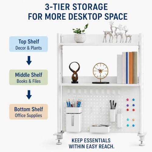 3-Tier Desk Organizer Shelf, Adjustable Pegboard Bookshelf, White - Image 4