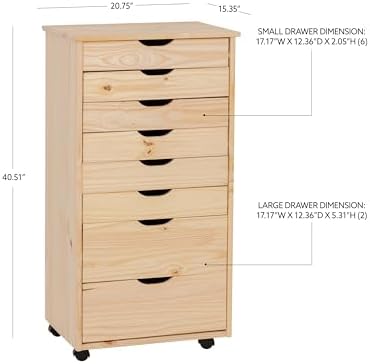 Linon Corinne Unfinished Eight Drawer Wooden Rolling Storage Cart - Image 3