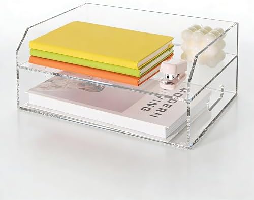 Paper Tray Organizer for Desk, 2 Tier Acrylic Desk Organizers and Accessories, One-Piece Integrated A4 Paper Organizer with Handles, Crystal-Clear Letter Tray & Compact Office File Holder by AIMOLLYACRYLICSTORAGE