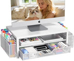 OPNICE Desk Organizers and Accessories, Computer Monitor Stand Riser with Drawer and 2 Pen Holders, Printer & Laptop Stand, Office Desk Accessories & Workspace Organizers for Home Office Supplies, Metal White by OPNICE