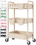 Beige 3 Tier Rolling Storage Cart Metal on Wheels, Cream Diaper Caddy Carts by Aofure