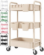 Beige 3 Tier Rolling Storage Cart Metal on Wheels, Cream Diaper Caddy Carts by Aofure