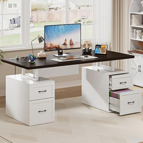 Farmhouse Desk with Drawers & Power Outlet, White Home Office Desk with File Organizer, 71" Executive Desk with Storage, Computer Desk with Privacy Panel by vividwood