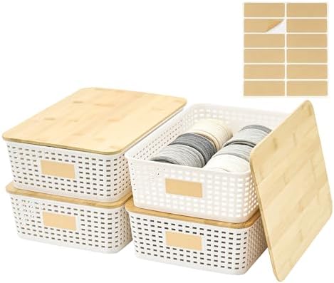 Bagnizer 4 Pack Plastic Storage Bins with Bamboo Lids, 6.2qt Stackable Storage Organizer Box with Lable for Pantry Shelves Drawers Desktop Office, 12"L x 8.3"W x 3.5"H, Cream White by Bagnizer